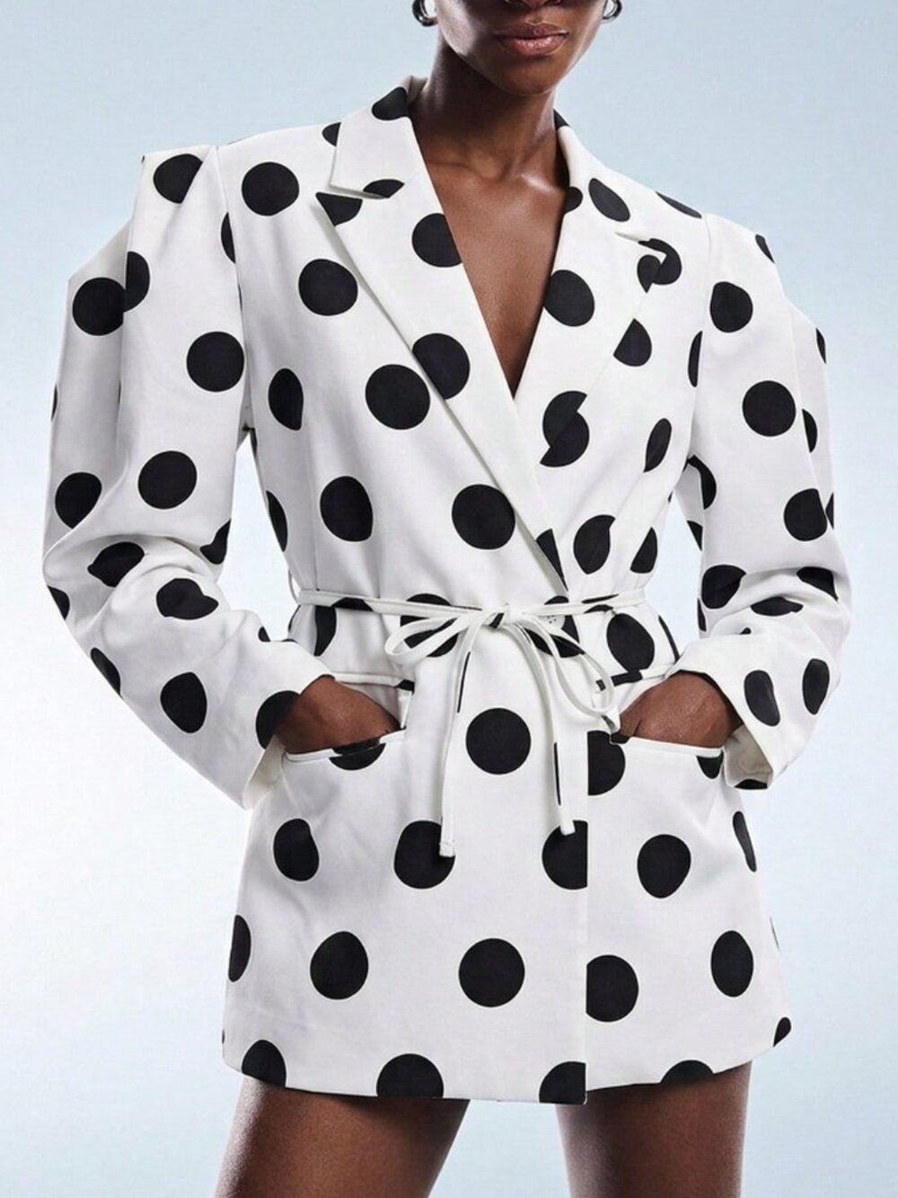 Black White Elegant Women's Polka Dot Oversized Structured Cinched Waist Blazer - Picture 3 of 8